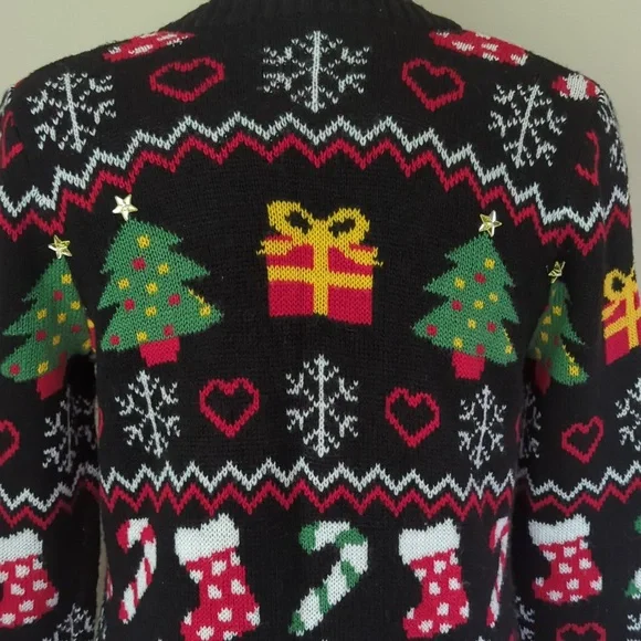 Absolutely Famous Button Up Acrylic Cardigan Christmas Sweater MEDIUM Black Red - Picture 13 of 16